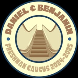 The Hall-Xie campaign logo, with an outer ring with the words "DANIEL & BENJAMIN - FRESHMAN CAUCUS 2024-2025" and an inside graphic of an escalator, starting from the bottom and looking upward.