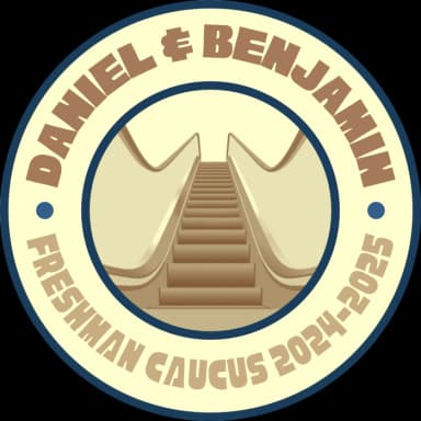 The Hall-Xie campaign logo, with an outer ring with the words "DANIEL & BENJAMIN - FRESHMAN CAUCUS 2024-2025" and an inside graphic of an escalator, starting from the bottom and looking upward.