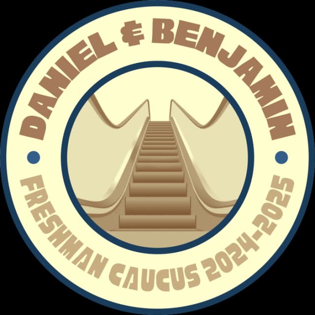 The Hall-Xie campaign logo, with an outer ring with the words "DANIEL & BENJAMIN - FRESHMAN CAUCUS 2024-2025" and an inside graphic of an escalator, starting from the bottom and looking upward.